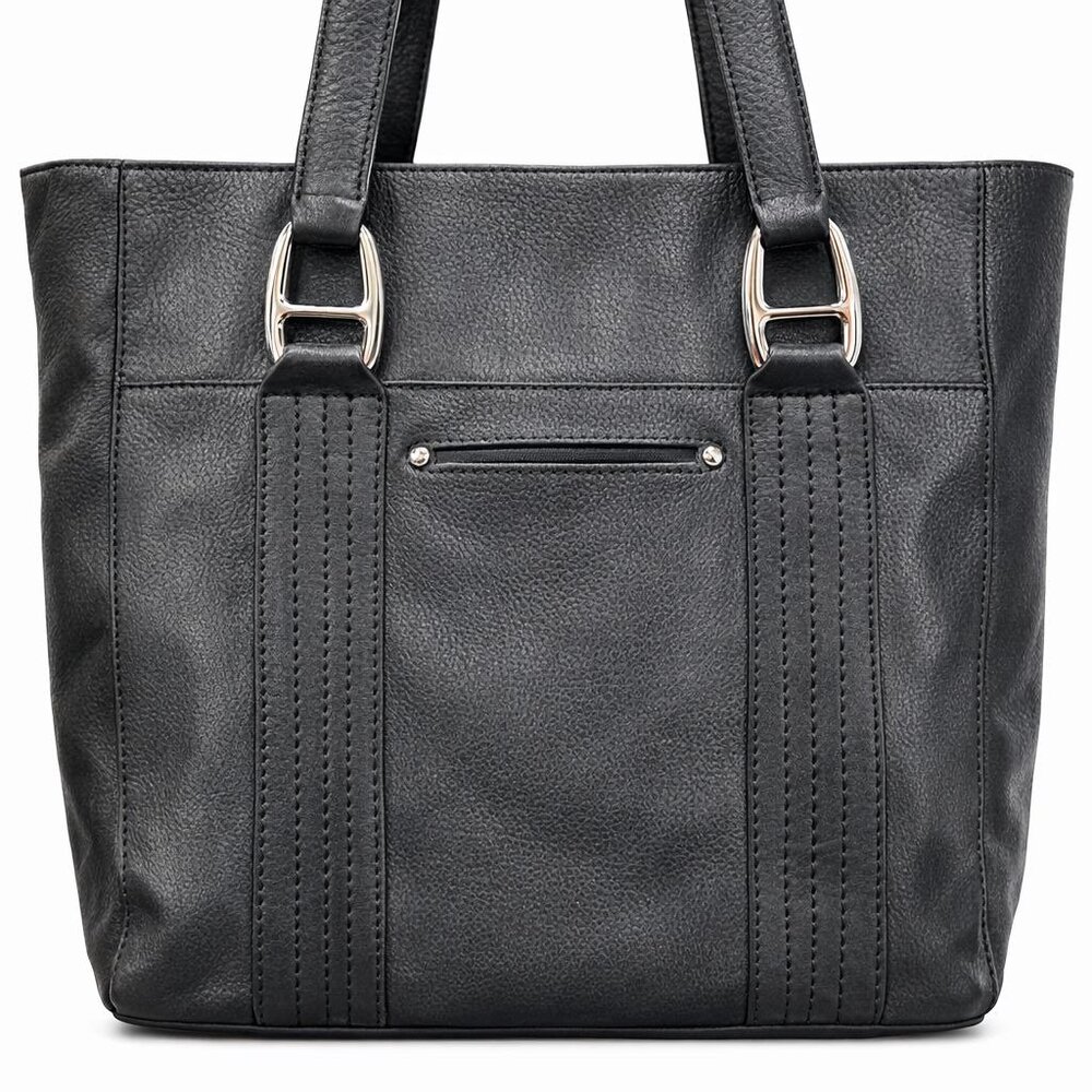 B. Makowsky Black Leather Medium Square Tote Cheetah Satin Liner, EUC - Picture 2 of 7